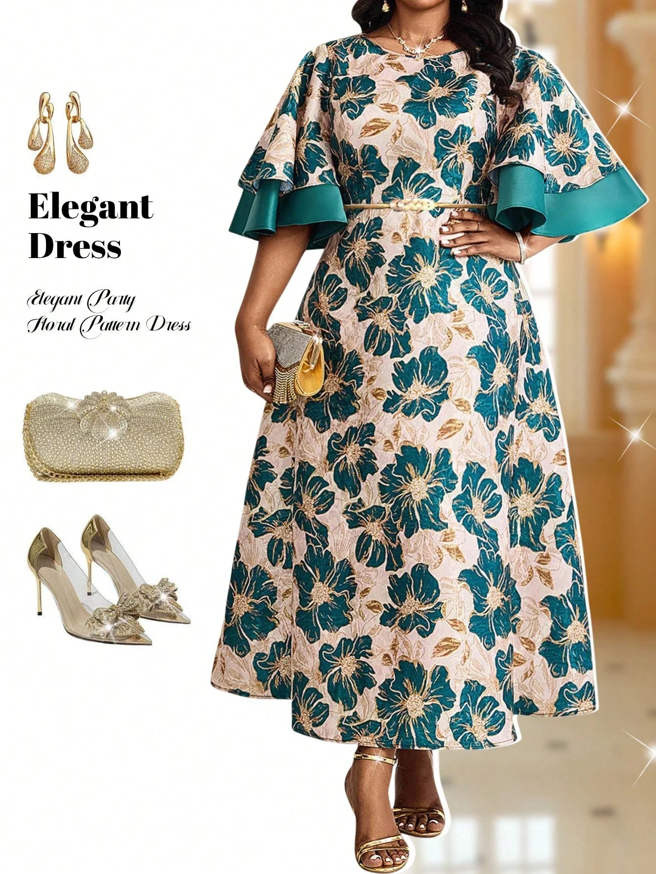 

Элегантное женское платье миди А-силуэта с цветочным жаккардовым узором и расклешенными рукавами