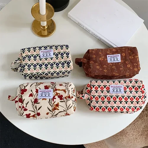 Imagen 2 del producto Bolsas de maquillaje de pana para mujer, bolsa de cosméticos con estampado Floral, estuche para lápices, bolsa de aseo de viaje, bolsa de almacenamiento, organizador, estuche de belleza