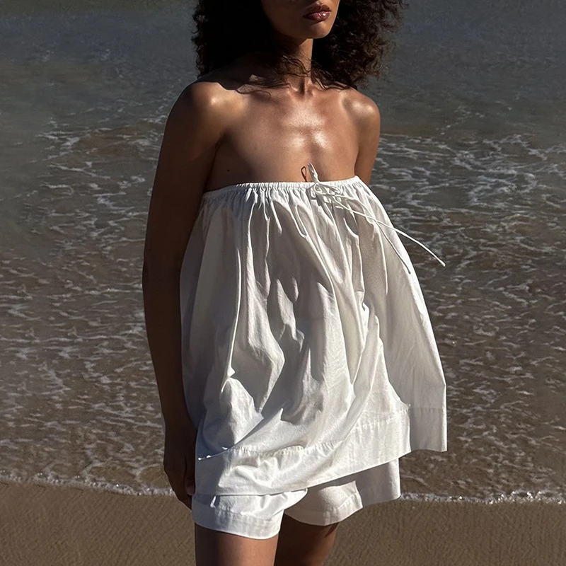 

Tornova Women's Tube Top Shorts 2 Piece Sets 2026 Summer New Strapless Off Shoulder Top Loose Shorts Solid Casual Suit Female