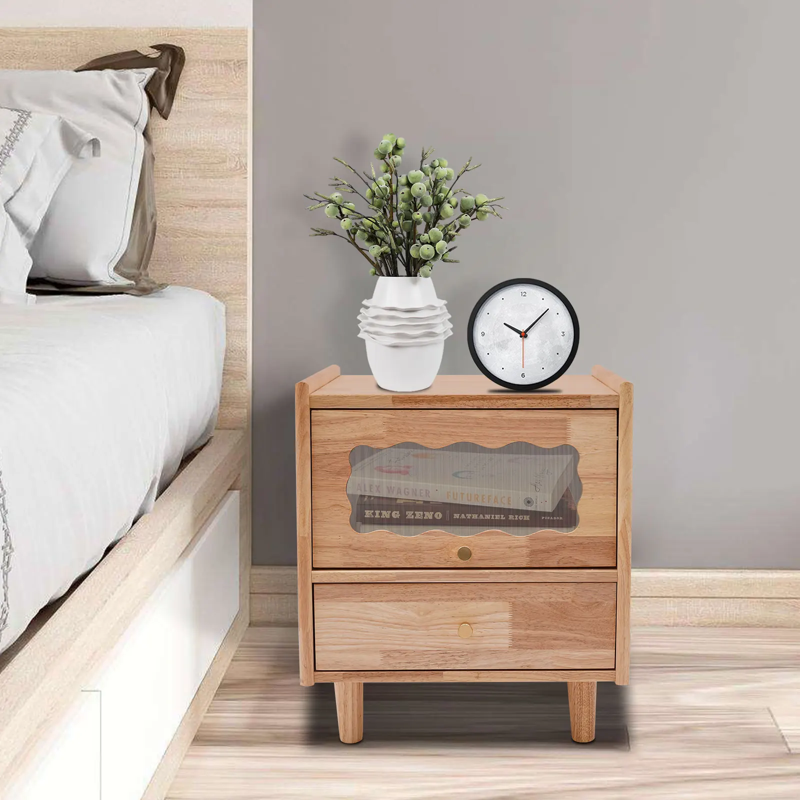 2-Tier Bedside Cabinet Storage Rubberwood Glass Nightstand with Drawer Clear Window Flip-Top Door Anti-Slip Feet For Bedroom Living Room Office Small Spaces