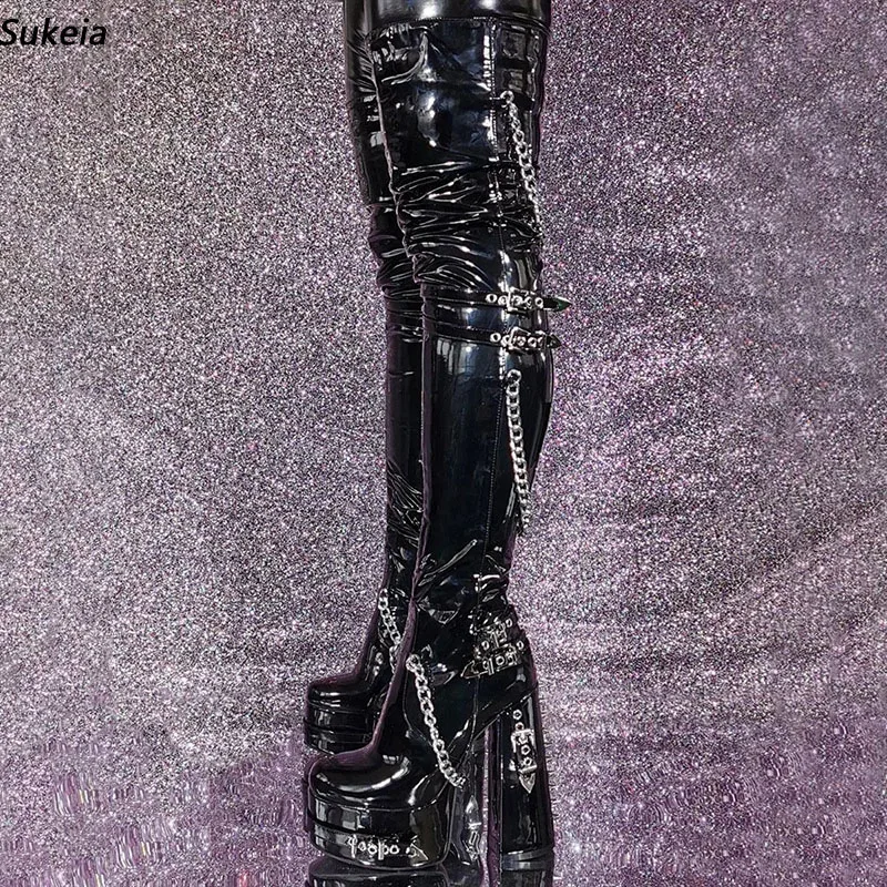 Sukeia/Новые женские весенние эластичные ботинки до бедра с полной боковой молнией, черные туфли на каблуке с круглым носком, женские размеры США 5-20 Sukeia/Новые женские весенние эластичные ботинки до бедра с полной боковой молнией, черные туфли на каблуке с круглым носком, женские размеры США 5-20