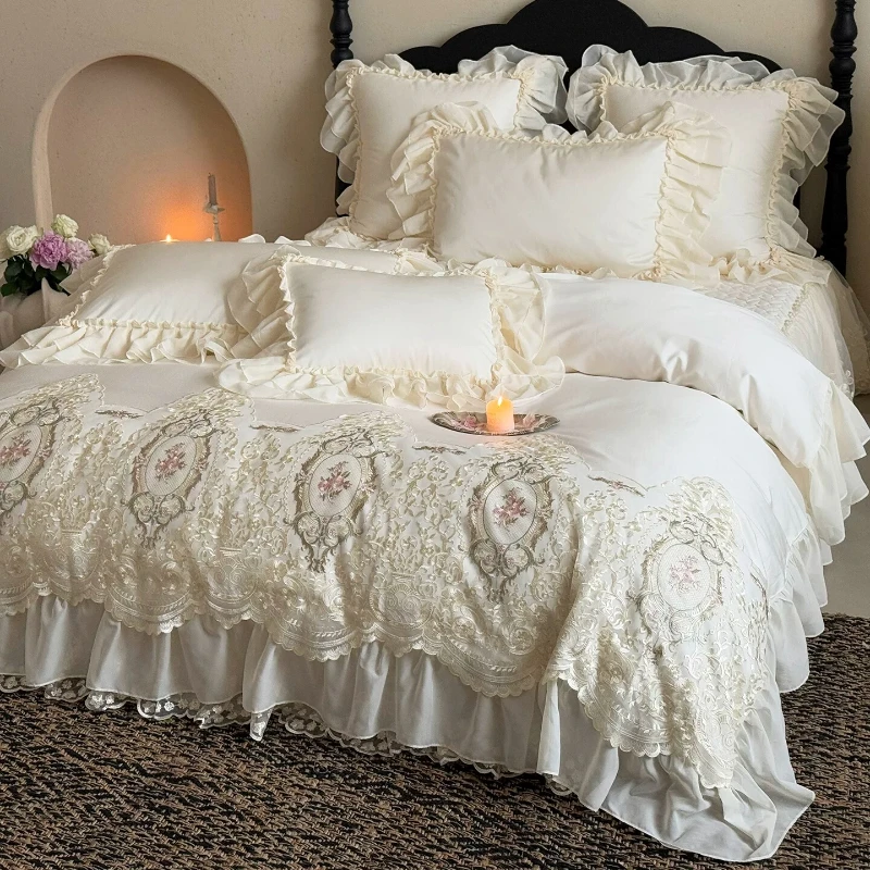French Court Bedroom Long Staple Cotton Four Piece Set Pure Cotton Retro Princess Style Cotton Lace Bed Cover Design Bedding