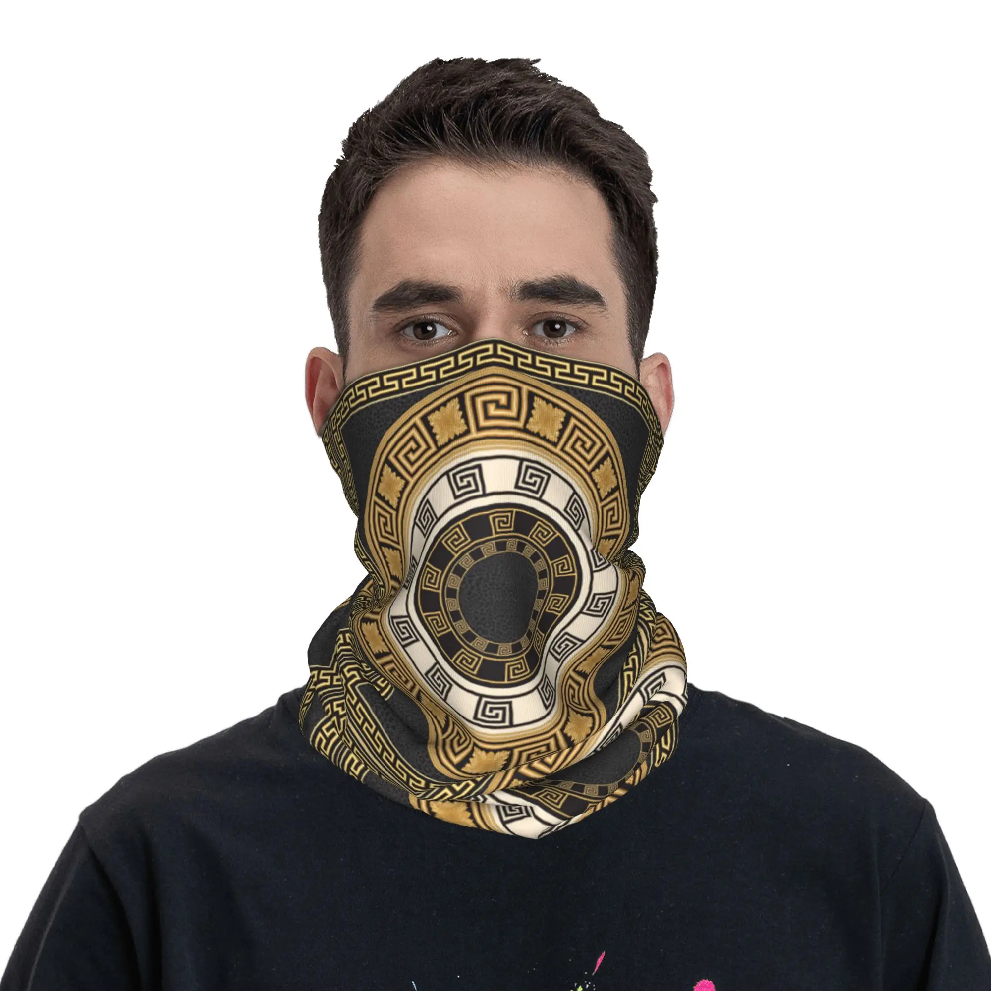 Golden Greek Meander Design Bandana Neck Gaiter Printed Wrap Scarf Multifunction Headwear Cycling For Men Women Adult view 2