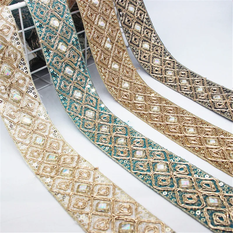 4cm Wide Ethnic Style Diamond-Shaped Gold Strand Embroidery Sequin Lace Clothing Accessories Barcode