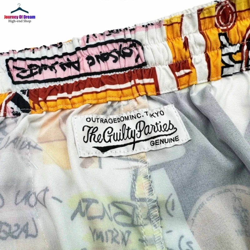 WACKO MARIA Japanese Letters Full Print Casual Shorts High quality 1:1 Summer Mens Womens Drawstring Loose Brand Short Sleeve