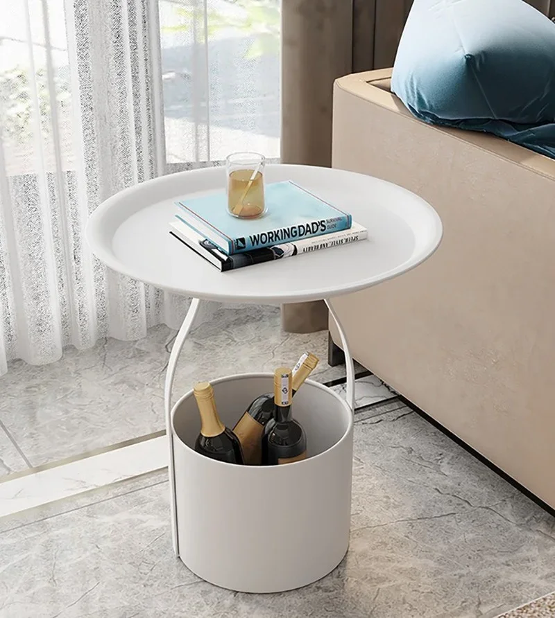 Creative multi-functional bucket sofa with several exquisite iron art small round tables and light luxury storage coffee ta