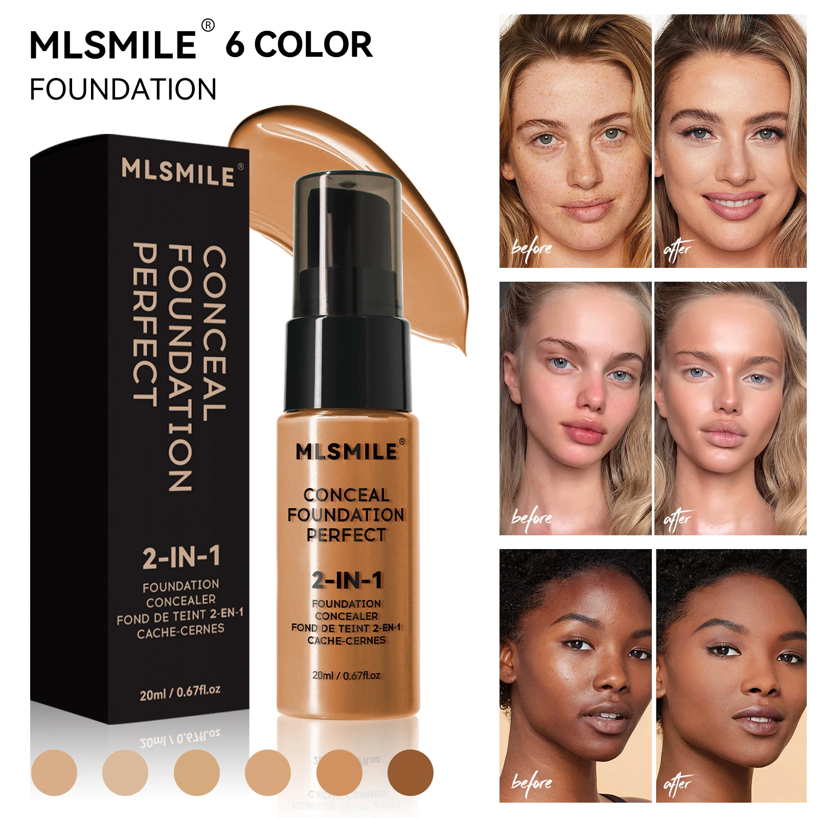 

MLSMILE muti-color natural matte Liquid Foundation long-Lasting Waterproof, Moisturing Sweat resistant Oil-control concealer