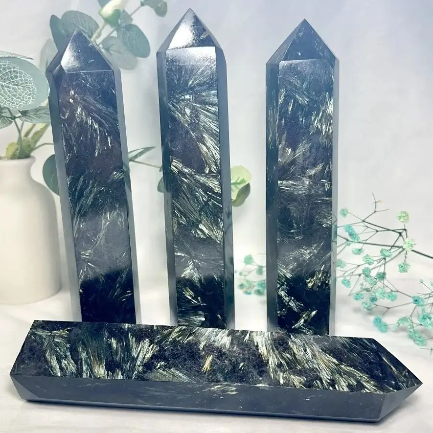 1pc Large Natural Astrophyllite Tower Flashy Arfvedsonite Point, Witchcraft Crystal Stone Obelisk, Rocks And Crystals Tower