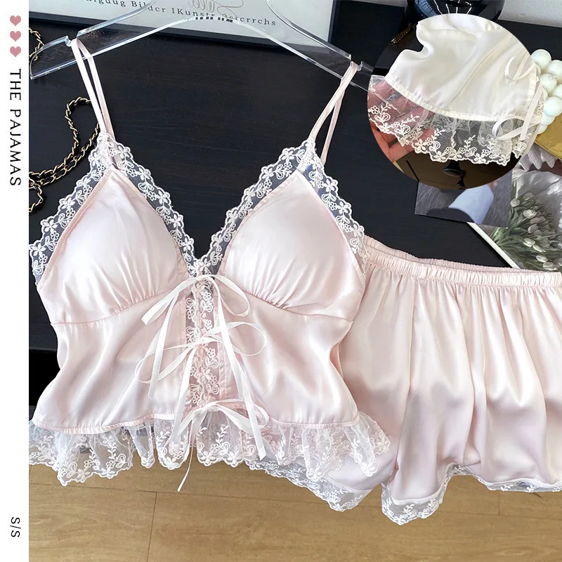 

2PCS Pajamas Set Summer Sexy Strap Top&Shorts Sleep Suit Sleepwear Nightwear Intimate Lingerie Summer Silky Satin Home Outfits