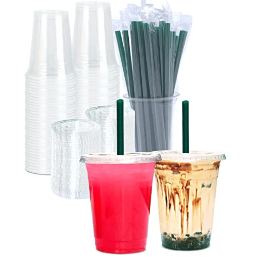 Clear Plastic with Lids and STRAWS, Disposable Drinking Cups for Cold Drinks, Iced Coffee, Milkshakes, Smoothies, 25 Sets