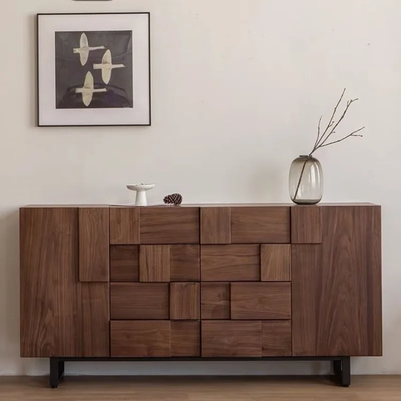 Walnut-colored solid wood multi-chest cabinet, Japanese-style living room modern simple storage locker against the wall