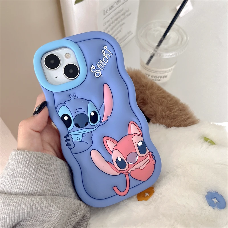 For iPhone 16 15 14 Plus 13 12 mini 11 Pro Max 6 6s 7 8 Plus SE2 SE3 Cute Stitch Phone Case Wave 3D Cartoon Soft Silicone Cover