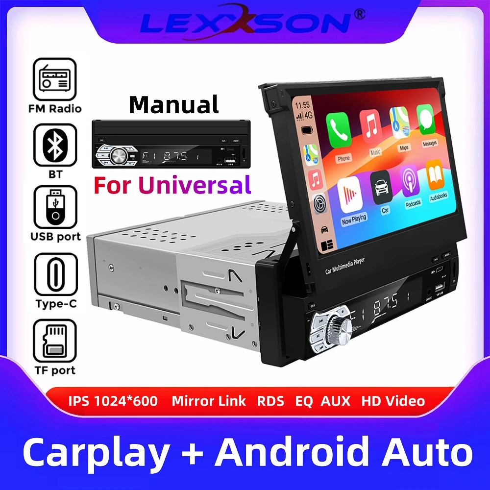 Carplay Android Auto Universal 1 Din MP5 Player 7 Inch Retractable Touch Screen Car Player HD FM AUX Input BT Radio Mirror Link