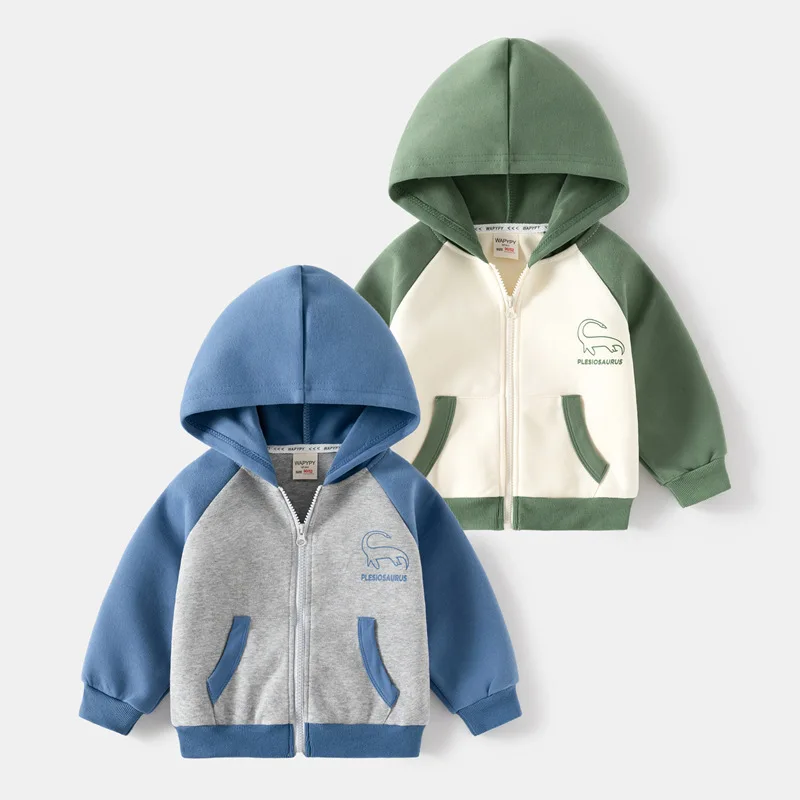 2026 New Kids Hooded Sweatshirt, Boys Color‑Block Dinosaur Zip‑Up Jacket, Korean Style Toddler Boys Outerwear