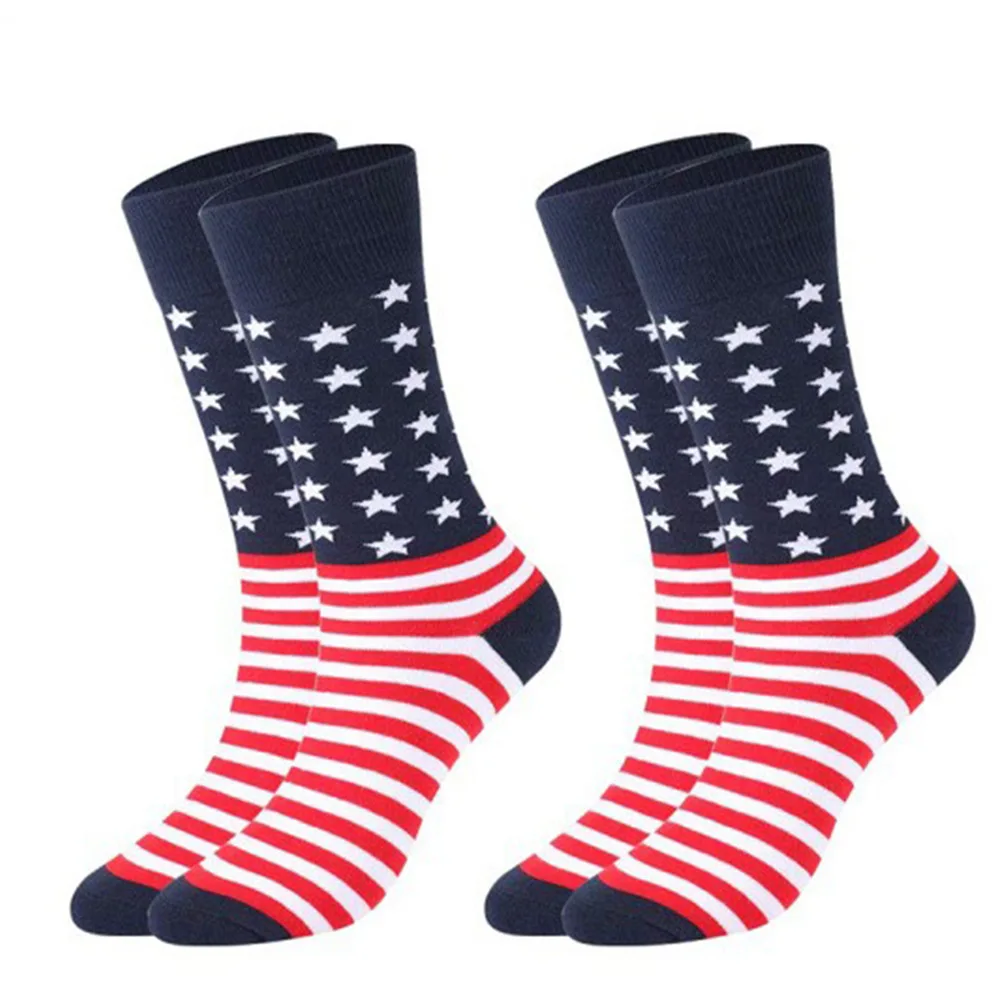 

2Pairs Athletic Crew Dress Independence Day Products mid-calf Sock Veterans Flag Holiday Gift Couple Universal Cotton B8W254