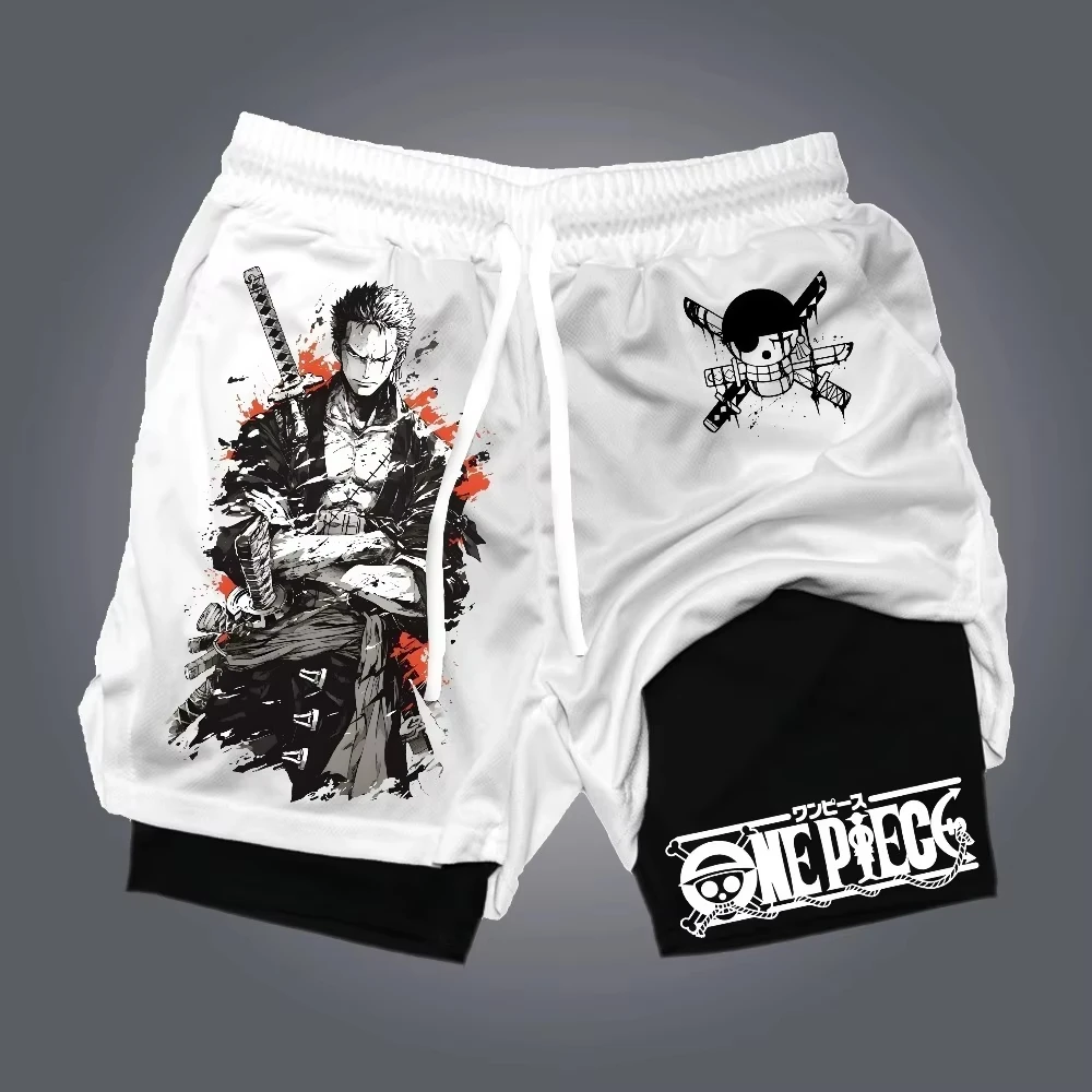 Neue Mode One Piece Anime Zoro Themenbedruckte Sport-Doppellagige Shorts Sommer Amerikanische Herren Sport Lose Atmungsaktive Hosen
