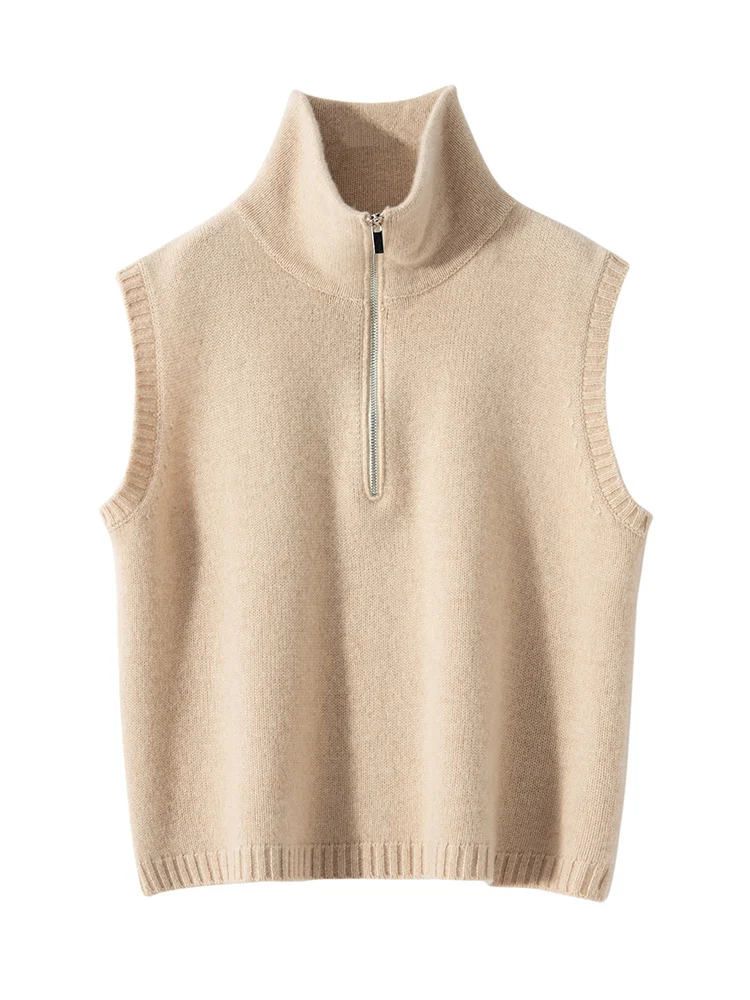 

TLOML Women's 100% Cashmere Sweater Turn Down Collar Half Zipper Turtleneck Waistcoat Pullover Autumn Winter Cashmere Loose Vest