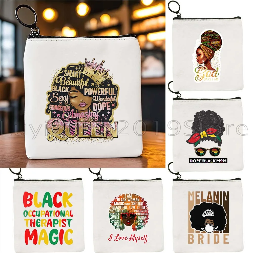Melanin Poppin Afro Queen Black History Gifts African American Pride Canvas Coin Purse Key Case Small Bag Wallet Zipper Pouch
