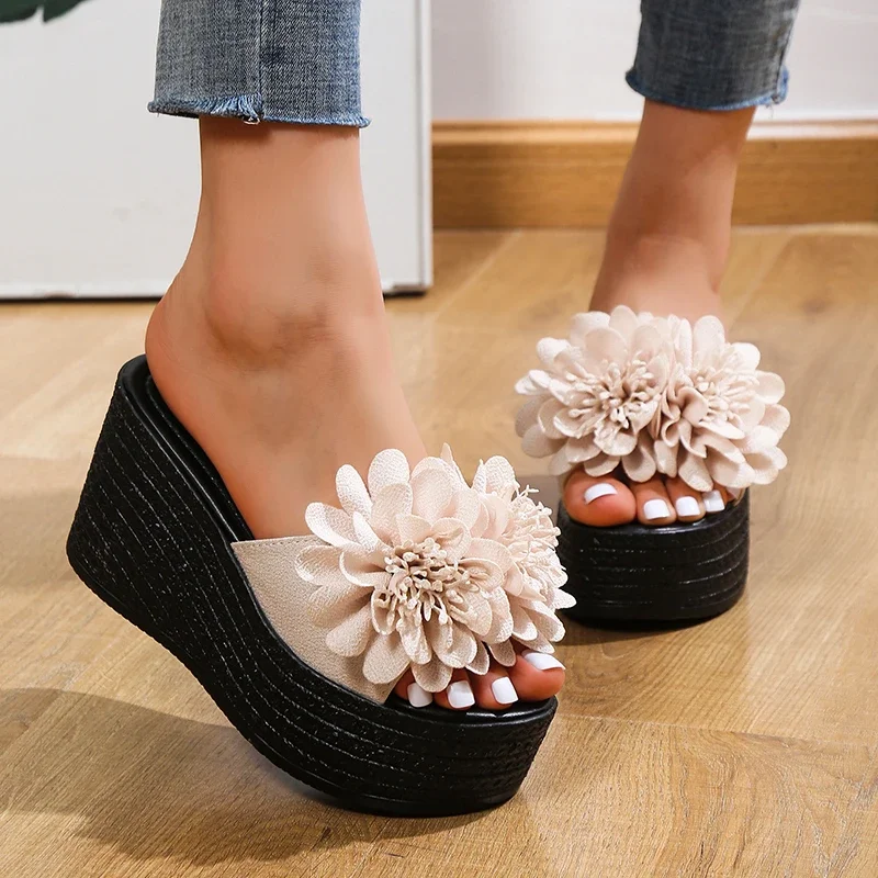 Sandalias de cuña, zapatillas de mujer, zapatos de plataforma de playa de verano, zapatillas de flores, zapatillas de tacón alto para mujer, moda