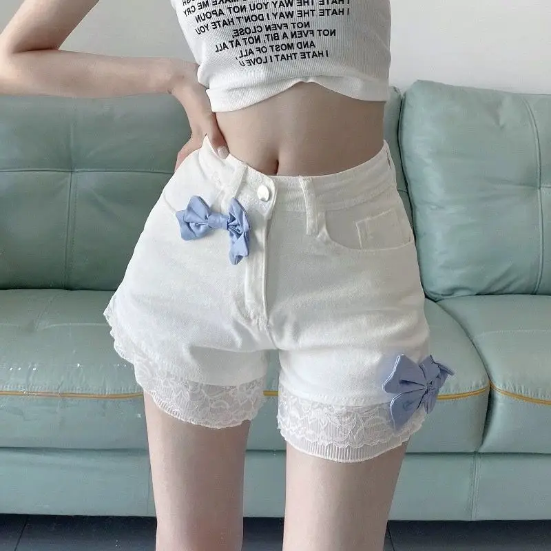 

Kimotimo Sweet Bow Denim Shorts Women 2025 Summer High Waist Spliced Lace Y2k Short Pants Japan Style Cute Slim Fit Streetwear
