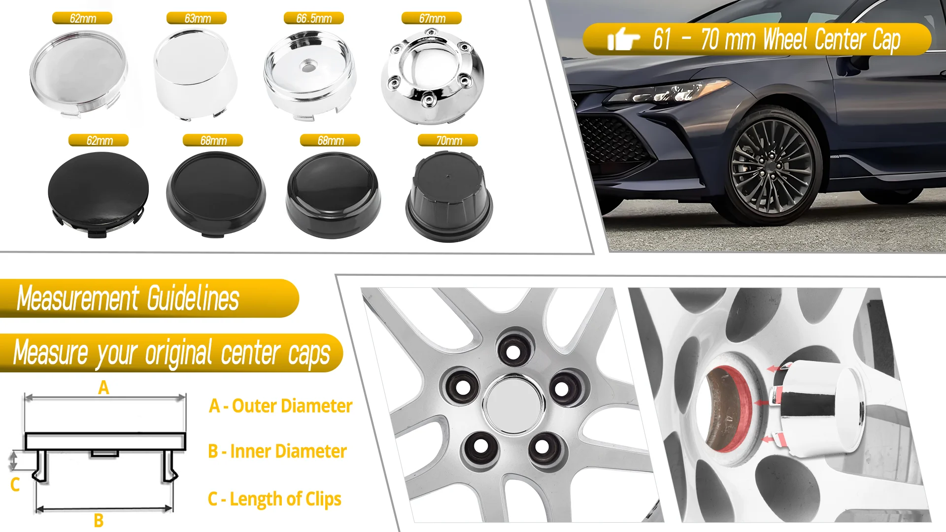 CFPerformance 4 Stück 65mm/2,56" Außendurchmesser 61mm/2,4" Innendurchmesser Radnabenabdeckung Reifenfelgenabdeckung Schutz Dekorationen Auto-Styling-Zubehör – Detail 1