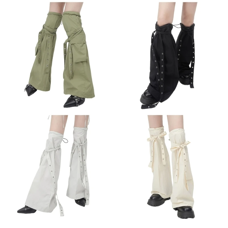 Women Punk Cargo Drawstring Leg Warmer with Eyelets Straps and Pockets Harajuku Boot Cover Over Knee Flared Stockings