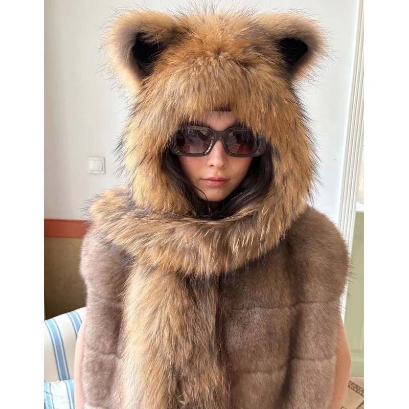 Natural Raccoon Fur Integrated Scarf and Hat Women's Winter Thickened Warm and Cold Versatile Hat Scarf 2in1 Outdoor