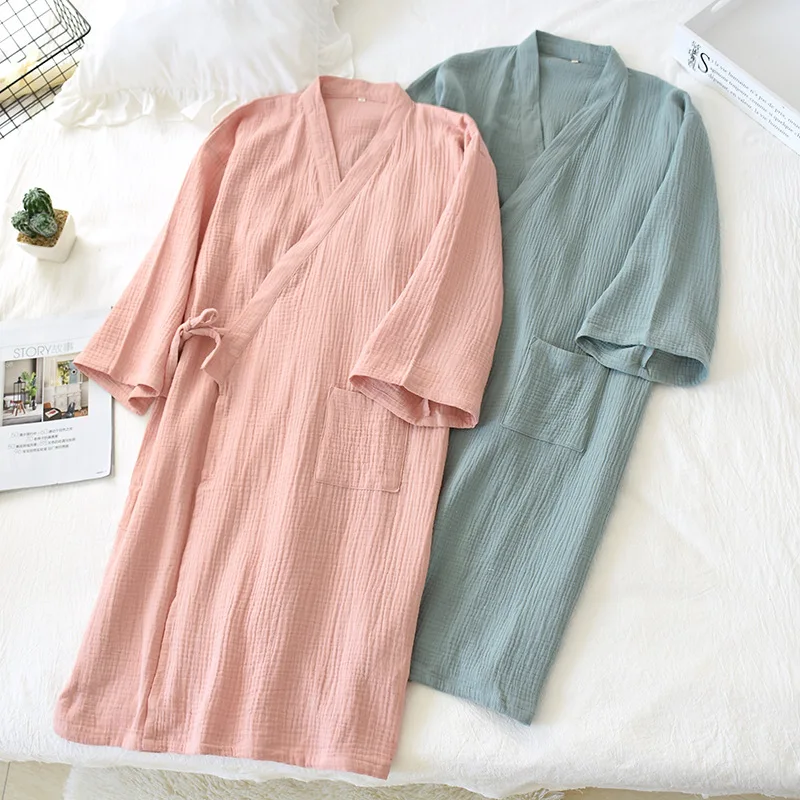 New Autumn 100% Cotton Crepe Double Gauze Japanese Kimono Robe Womens Robes Sleepwear Couple Dressing Gown Long Wedding Pajamas