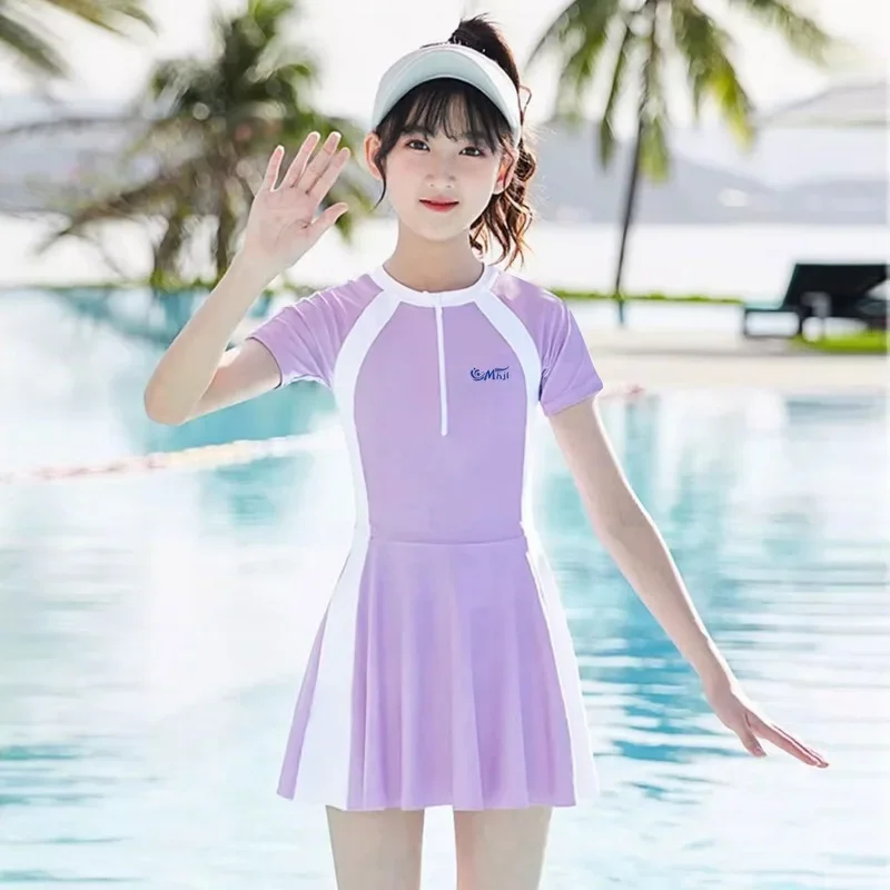 5-16Y Girls Swimsuit Dress Short Two-Piece Suits Short Sleeved Beach Wear Quick-drying Children's Swimwear