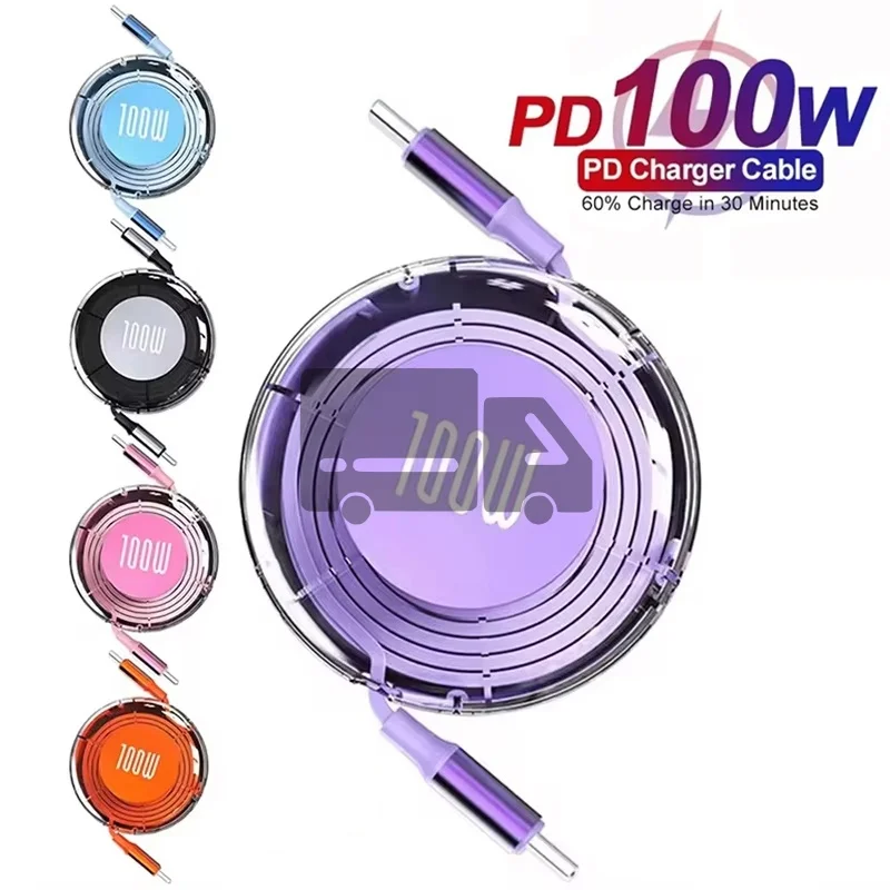 Retractable PD 100W Cable USB Type C to Type C Fast Charging USB C to USB C Charger Cable For iPhone