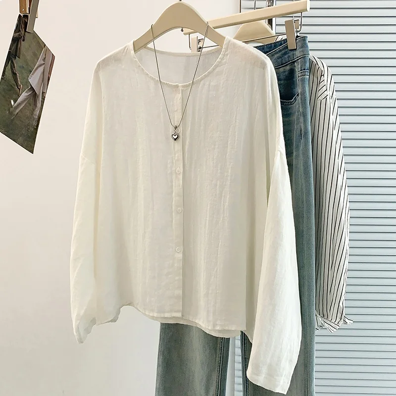 

Artistic Style Women's Long Sleeve Cotton Linen Loose Fit Slimming Summer Shirt round Neck Breathable Fashion Top