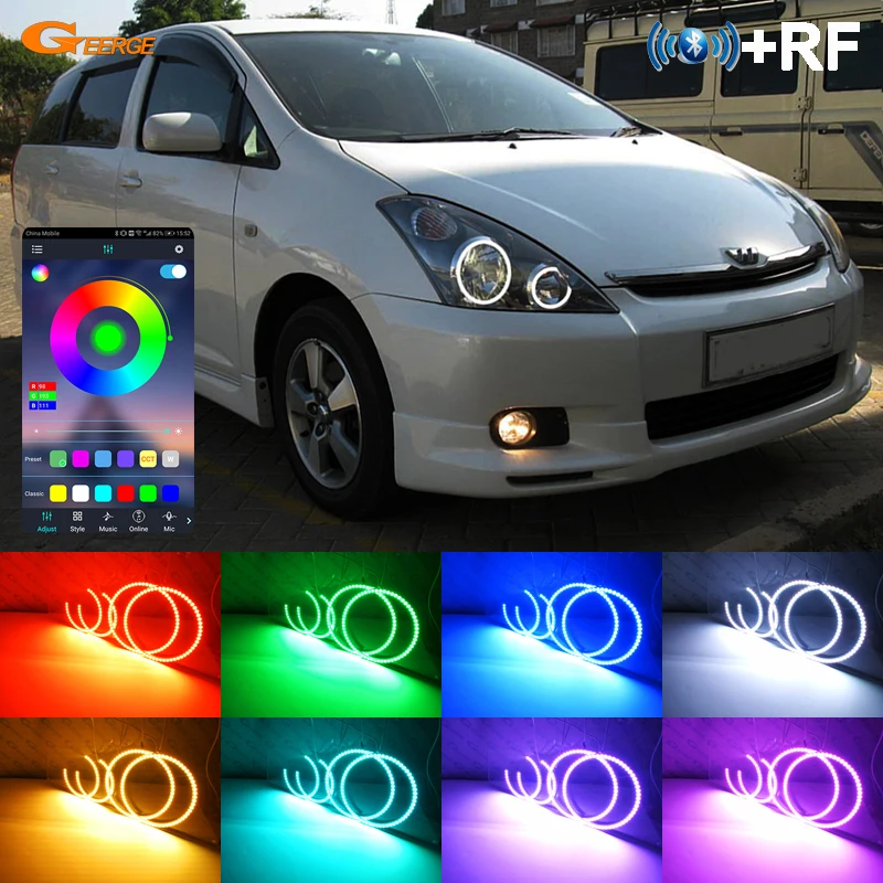 For TOYOTA WISH 2003 - 2009 BT App RF Remote Control Multi Color Ultra Bright RGB LED Angel Eyes Kit Halo Rings