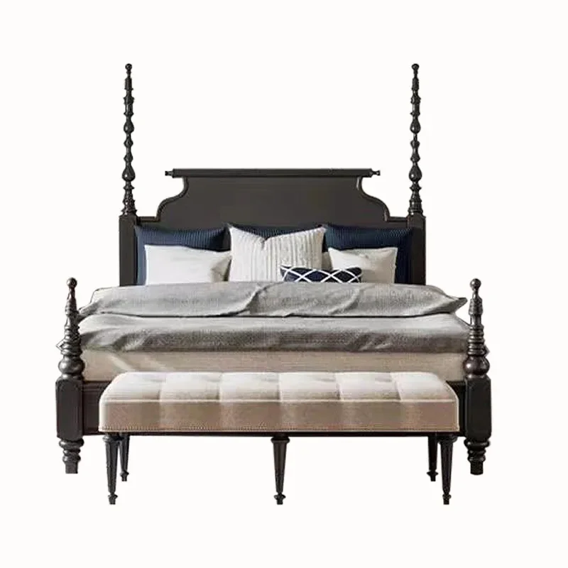 French Retro Solid Wood Bed Neoclassical Black Pillar Design American Double Size Princess Style Bedroom Furniture