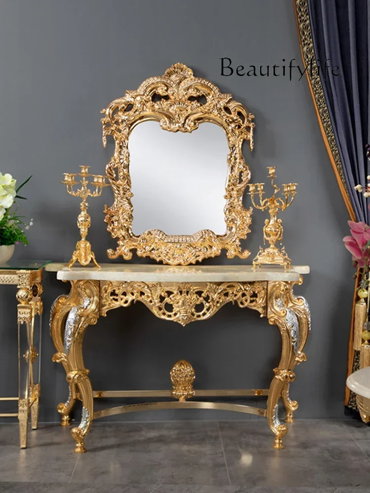 hh European Classical Art Mirror Fashion Metal Carved Makeup Mirror Villa Marble Solid Wood Table Modern Makeup Mirror