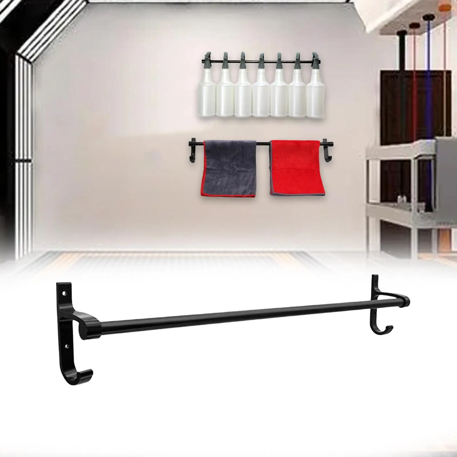 Spray Bottle Holder Spray Bottle Storage Rack Towel Hanger Black Wall Mounted Car Beauty Shop Accessory for Car Home Garage