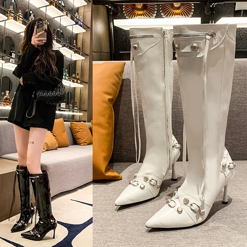 

Sexy Knee High Boots Winter Boots Brand Design Super High Thin Heels with Rivet Retro Fashion Cool Women Shoes Big Size 46