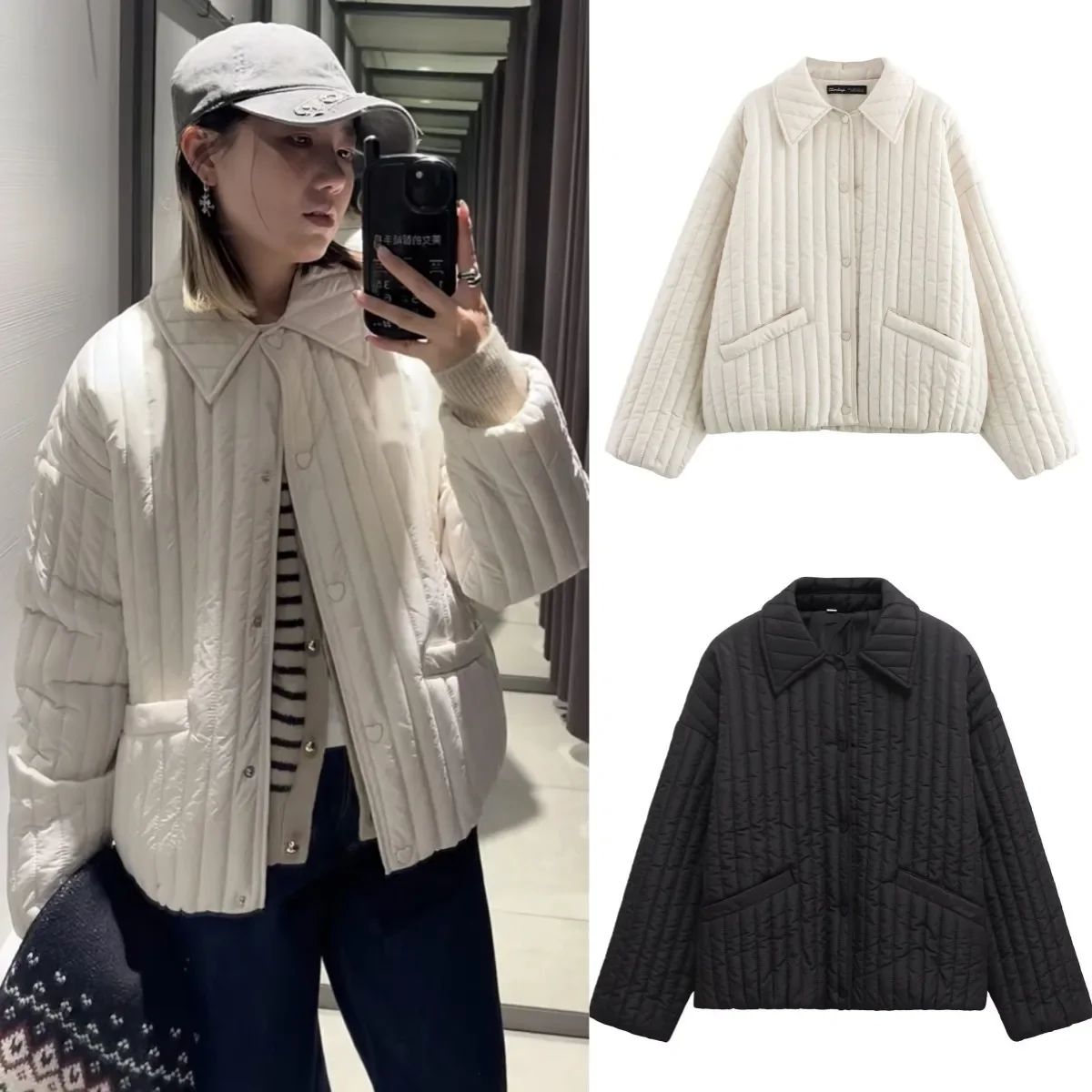 LIBIELIY Women's Fashion Elegant Heart Breasted Decorative Quilted Light Cotton Jacket Loose Version Jacket