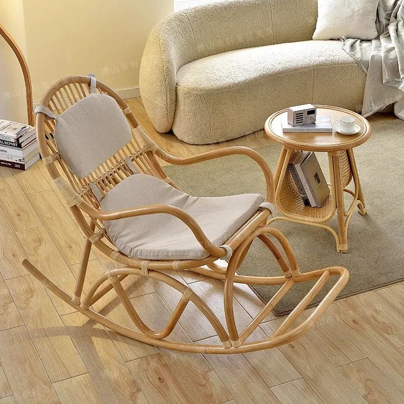 Natural Agate Rattan Rocking Chair with Pedal Simple Handmade Casual Home Balcony Sofa Chair Real Rattan Furniture