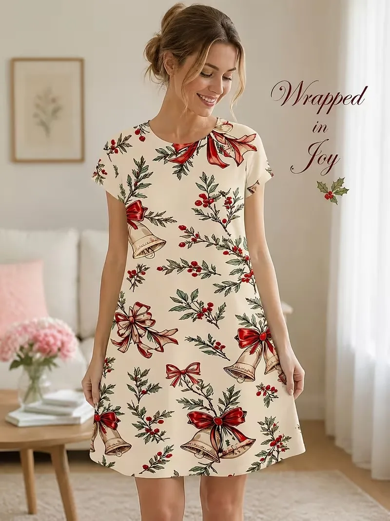 Christmas ladies' new short sleeved round neck dress, Christmas Eve, Christmas cartoon fashion print, party sweet style