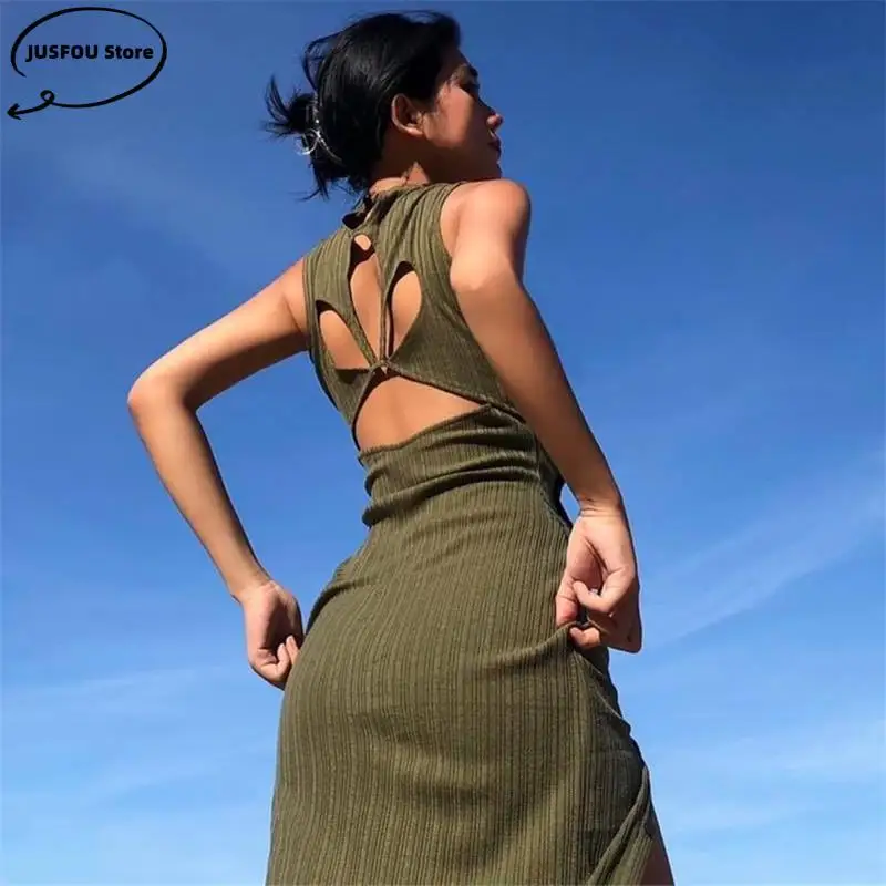 2022 Summer New Floral Cut Out Dresses Women Button Patchwork Party Dress Sleeveless Backless Vestidos Elegant Robe Maxi Dress