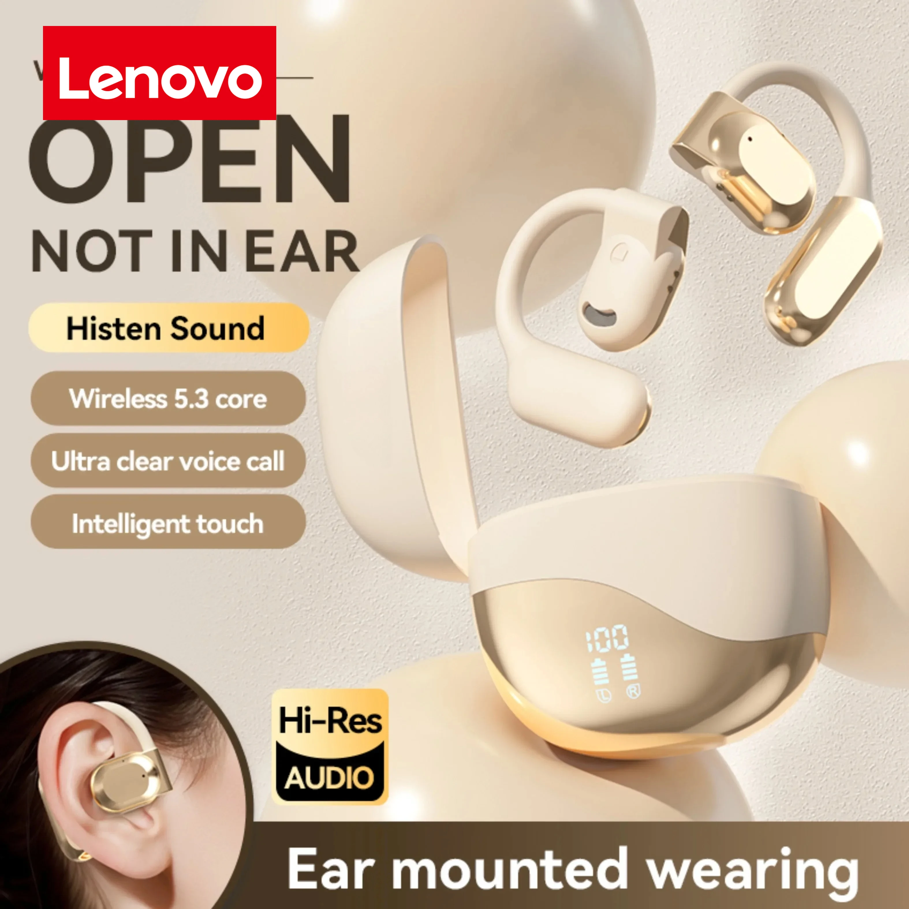 سماعات لينوفو اللاسلكية، تصميم مفتوح الظهر، مسامية ومقاومة للماء، مريحة في الارتداء، تشغيل سماعات الرأس مع ميكروفون #2