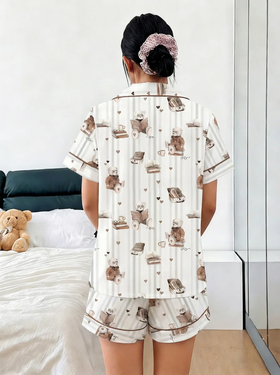 Women Pajamas Cardigan Lapel Short Sleeve Shorts 2 Piece Set Spring Summer Cute Bear Book Heart Print Homewear Loungewear