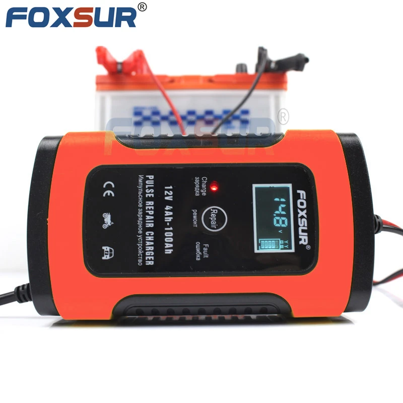 FOXSUR  12V 20Ah 60Ah 100Ah Lead Acid Battery Charger UPS Motorcycle & Car Battery Charger Pulse Repair Charger with LCD Display