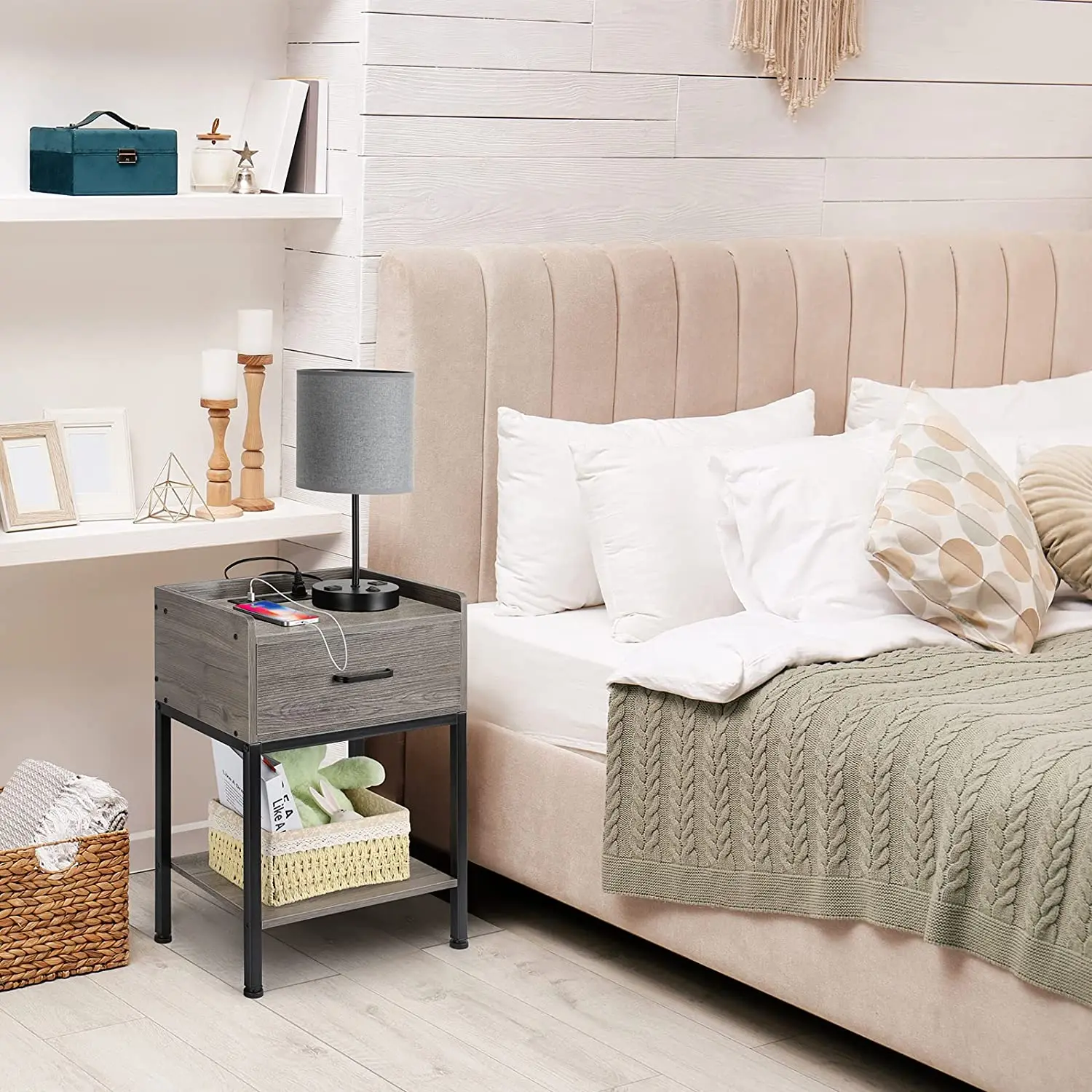 Modern 2-Tier Nightstand End Side Table with USB Charging Station & Storage Drawer