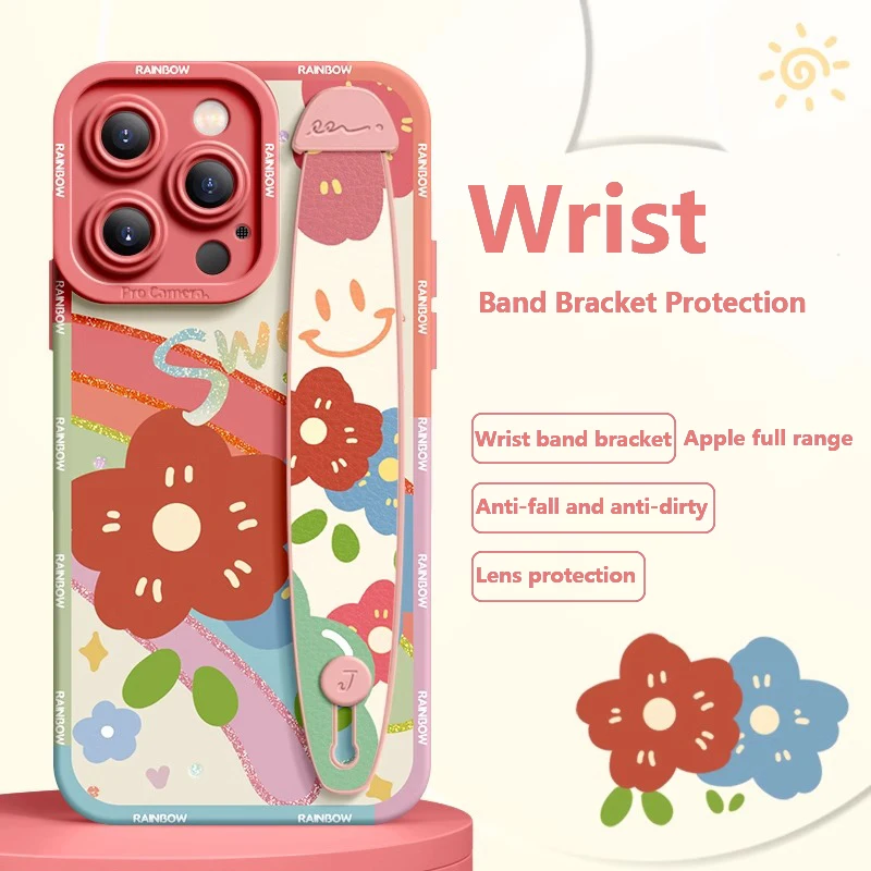 Deluxe Wrist Band Bracket Case Applicable Iphone15 14 13 12 11 Pro Max X XR Xs Soft Silicone Cell Phone Protective Cover Rainbow