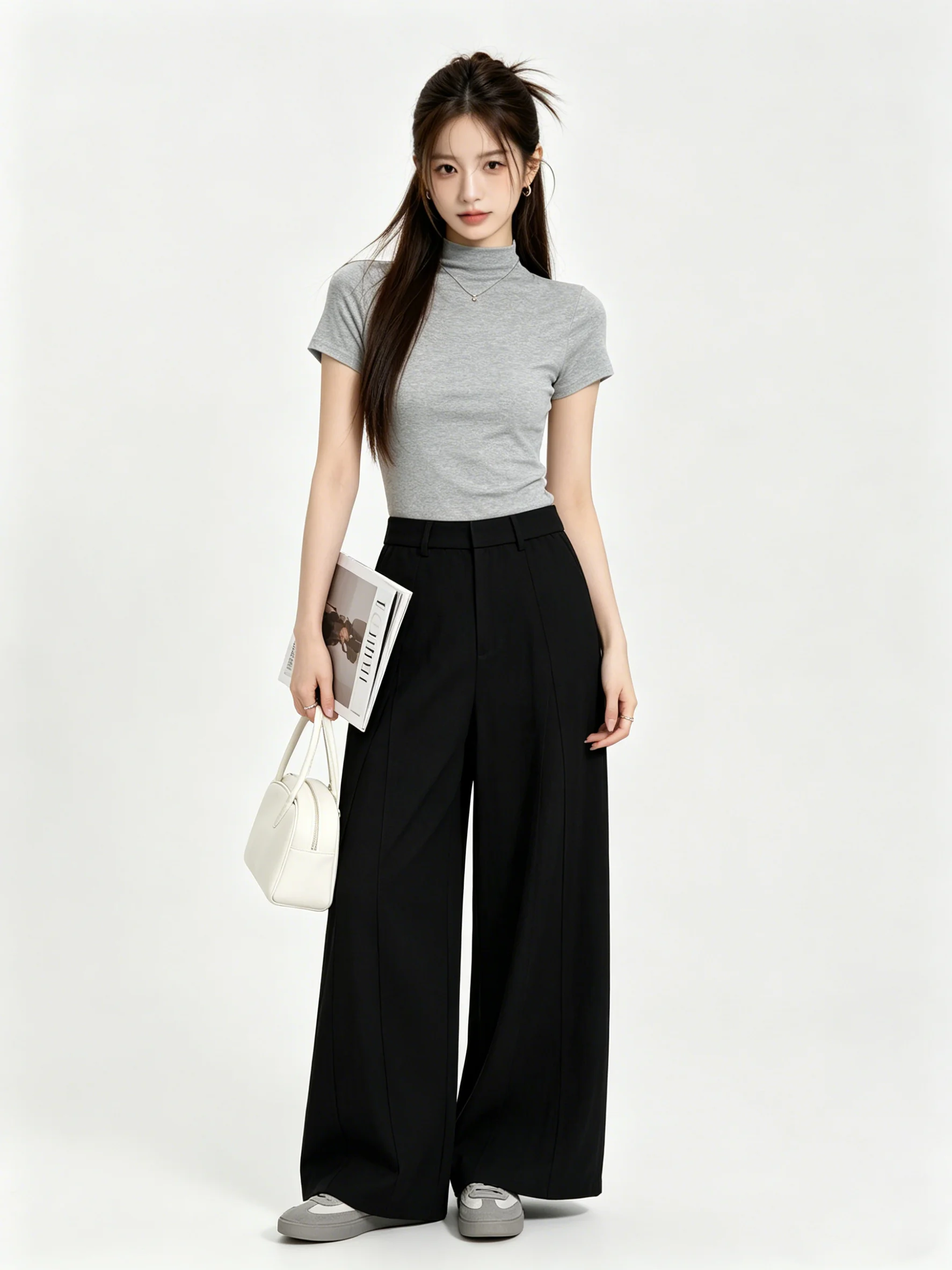 

High Waist Wide Leg Pants Women's Summer Loose Slimming Casual Skin-friendly Pure Color Korean Style Elastic Waist Trousers