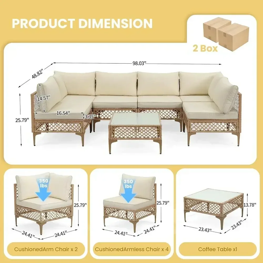 Outdoor Wicker Sectional Sofa Set with Water-Resistant Cushions and Tempered Glass Table for Patio, Porch, Boho Style, Natural B