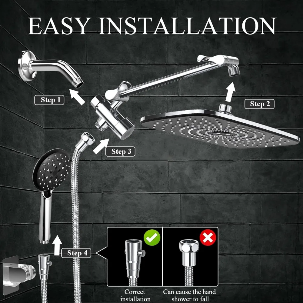 High Pressure Rain Shower Head Combo with Extension Arm & 6 Handheld Water Spray - Adjustable Dual Shower with Anti-Clog Nozzles