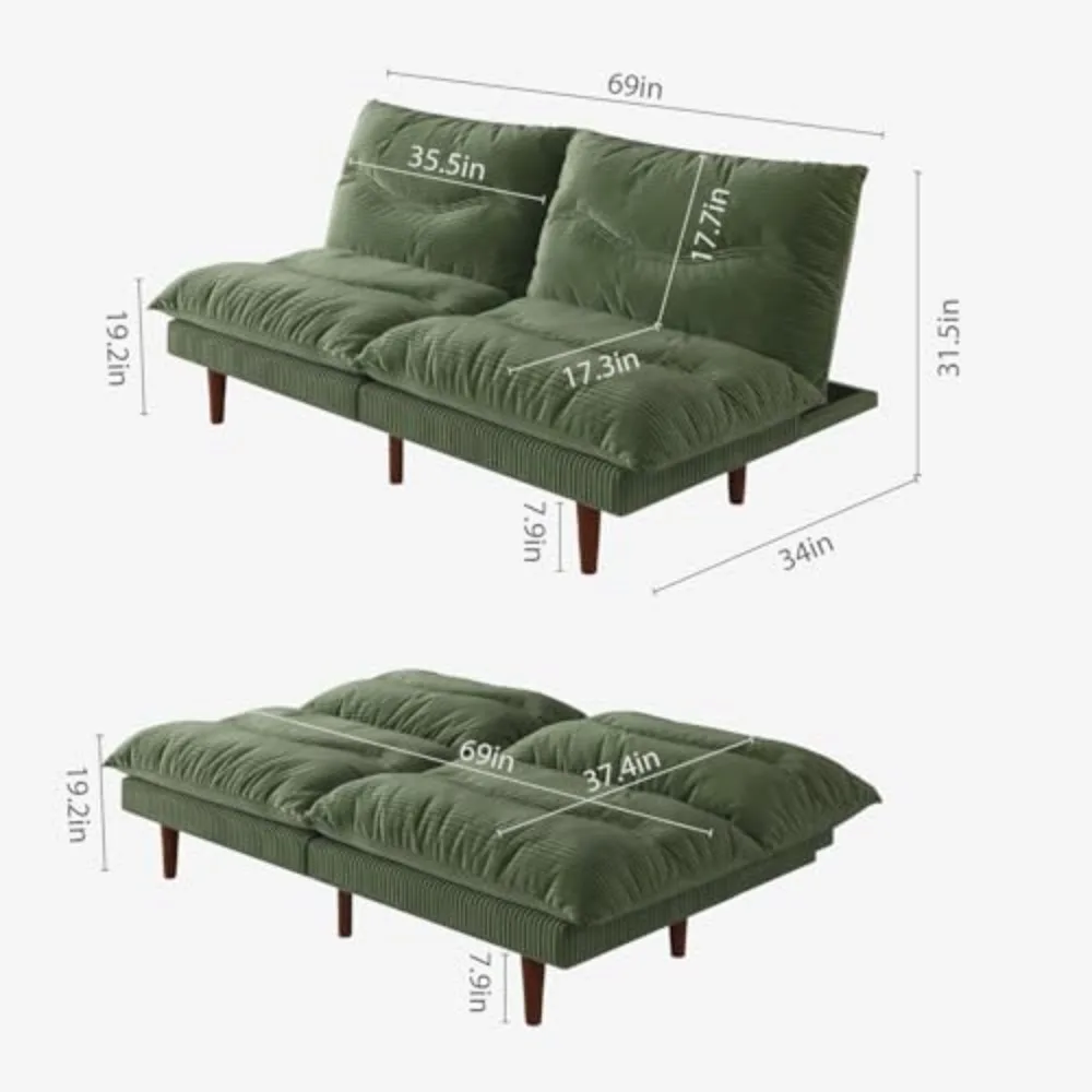 Futon Sofa Bed, 69 inch Futon Couch with Adjustable Backrest, Corduroy Convertible Sleeper Sofa Bed, Folding Sleeper