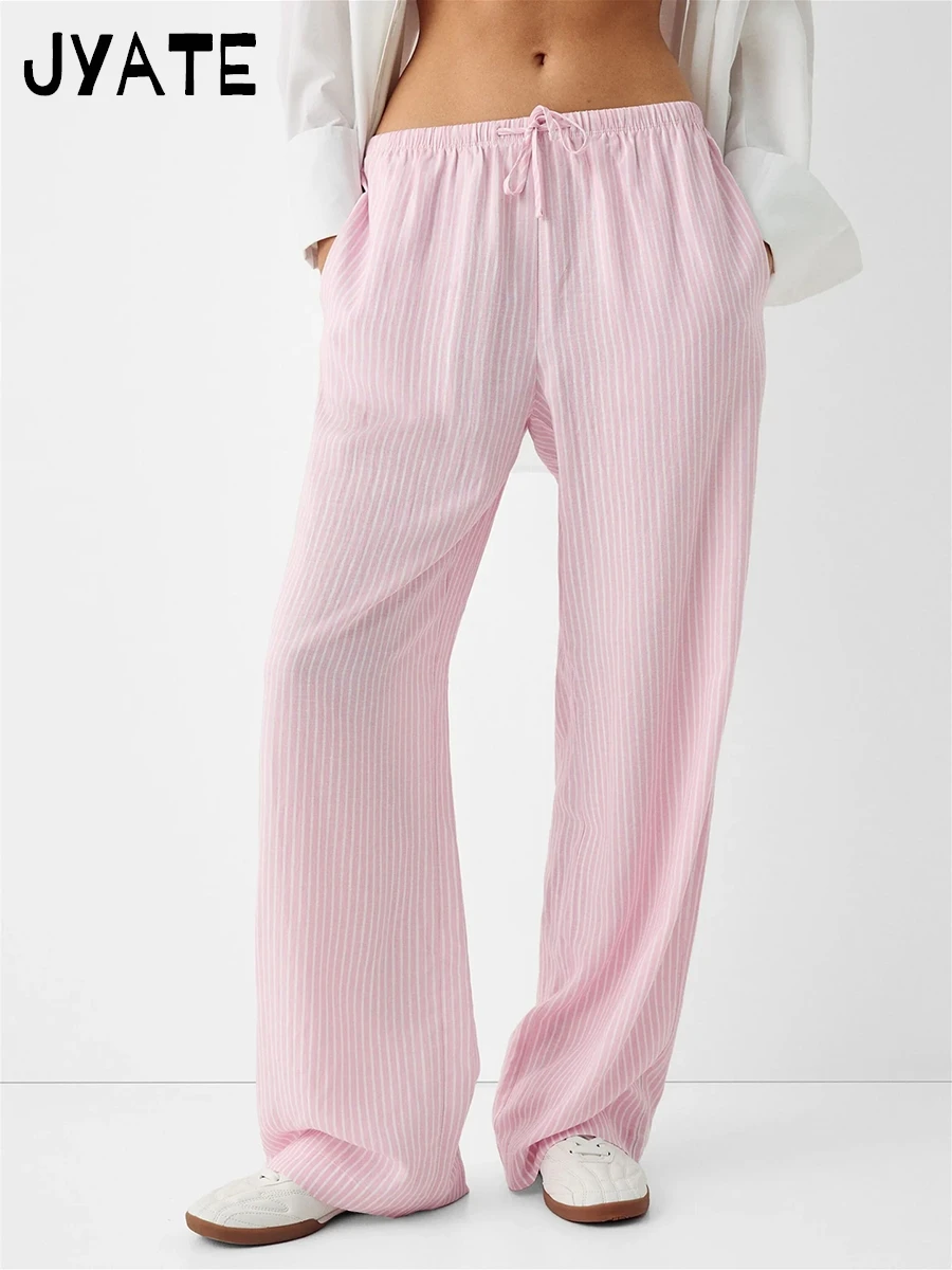 Pink Striped Casual Drawstring Long Pants Women Summer New Chic Streetwear Classic Straight Pant Sweet Cute Vintage Trousers Y2K